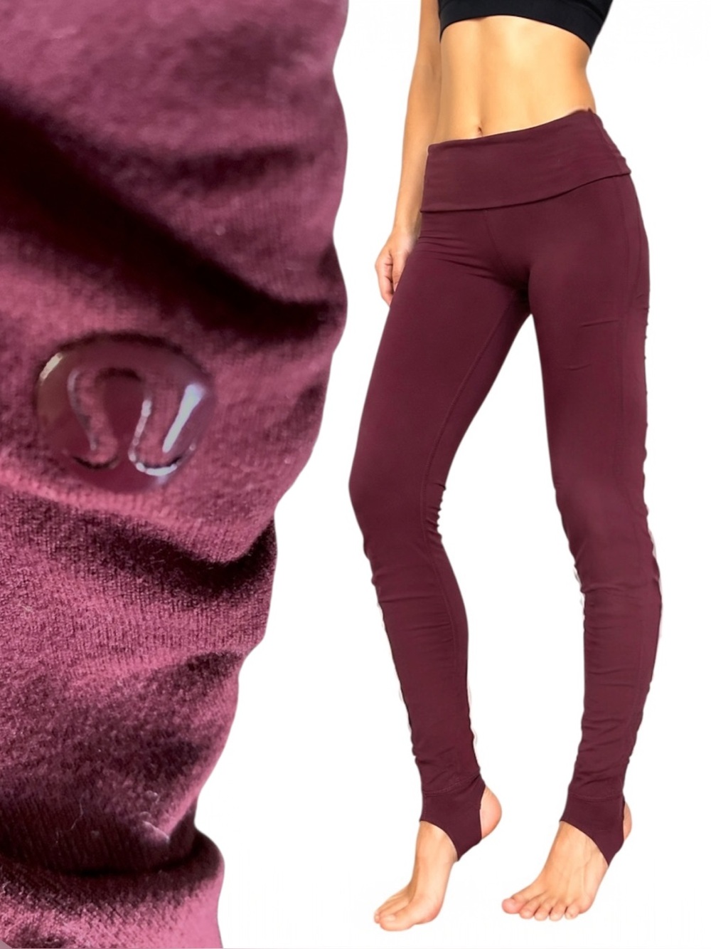 Lululemon Fold Over Waist Wunder Under Bordeaux ruched stirrup leggings Size 6